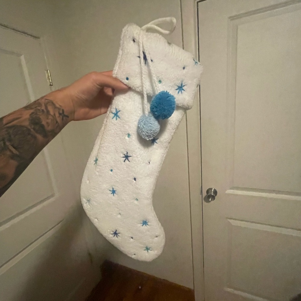Wondershop White Plush Christmas Stocking with Blue Star Embroidery and Pom-Poms